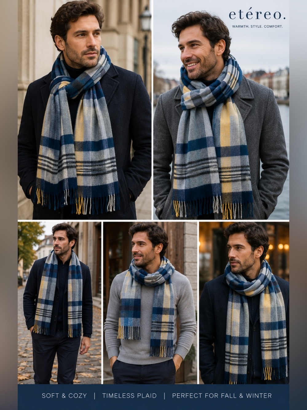 Etereo blue yellow plaid check warm fall winter soft scarf 💥